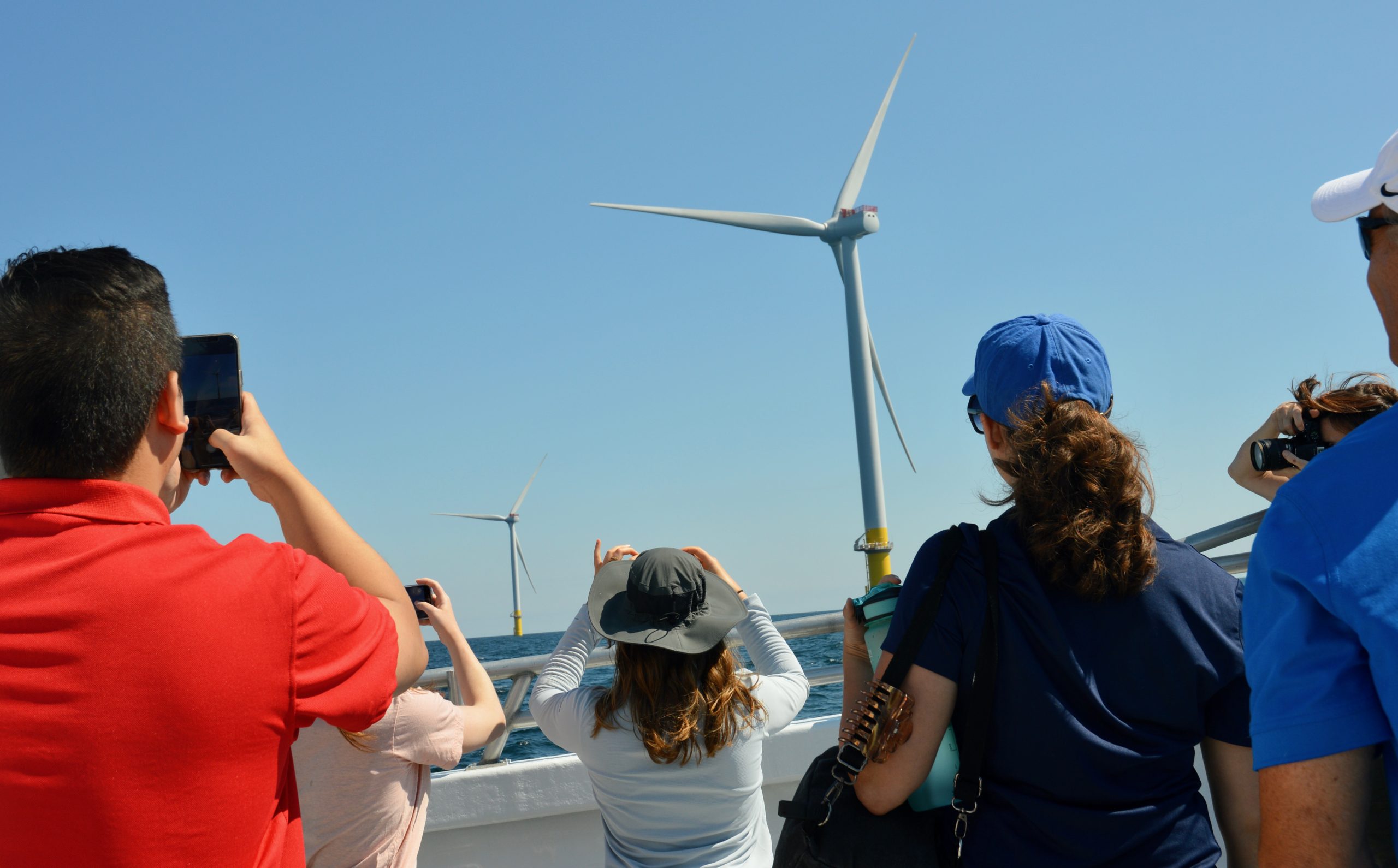 Dominion's two-turbine pilot project, seen on a boat trip organized by Dominion in June 2021.