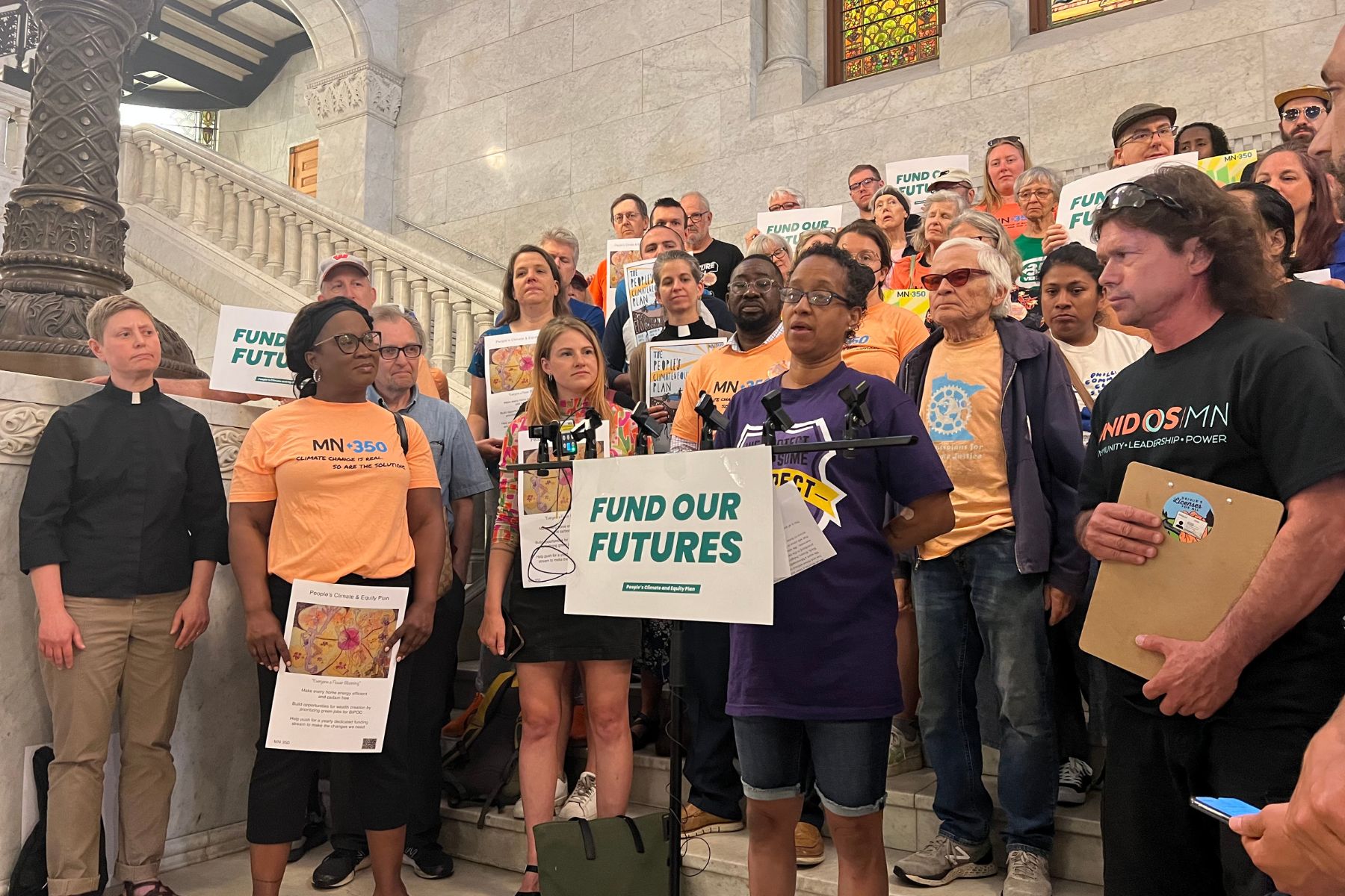 Samarra Meek with SEIU Local 26 speaks in favor of funding for the Minneapolis climate plan at a June 7 rally at city hall.