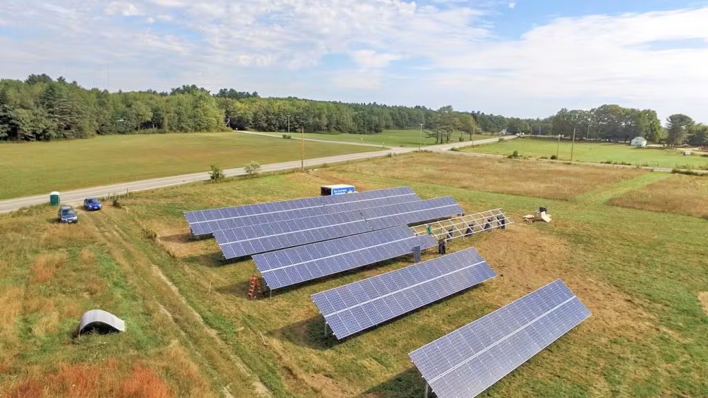 Solar panels in a grassy field.